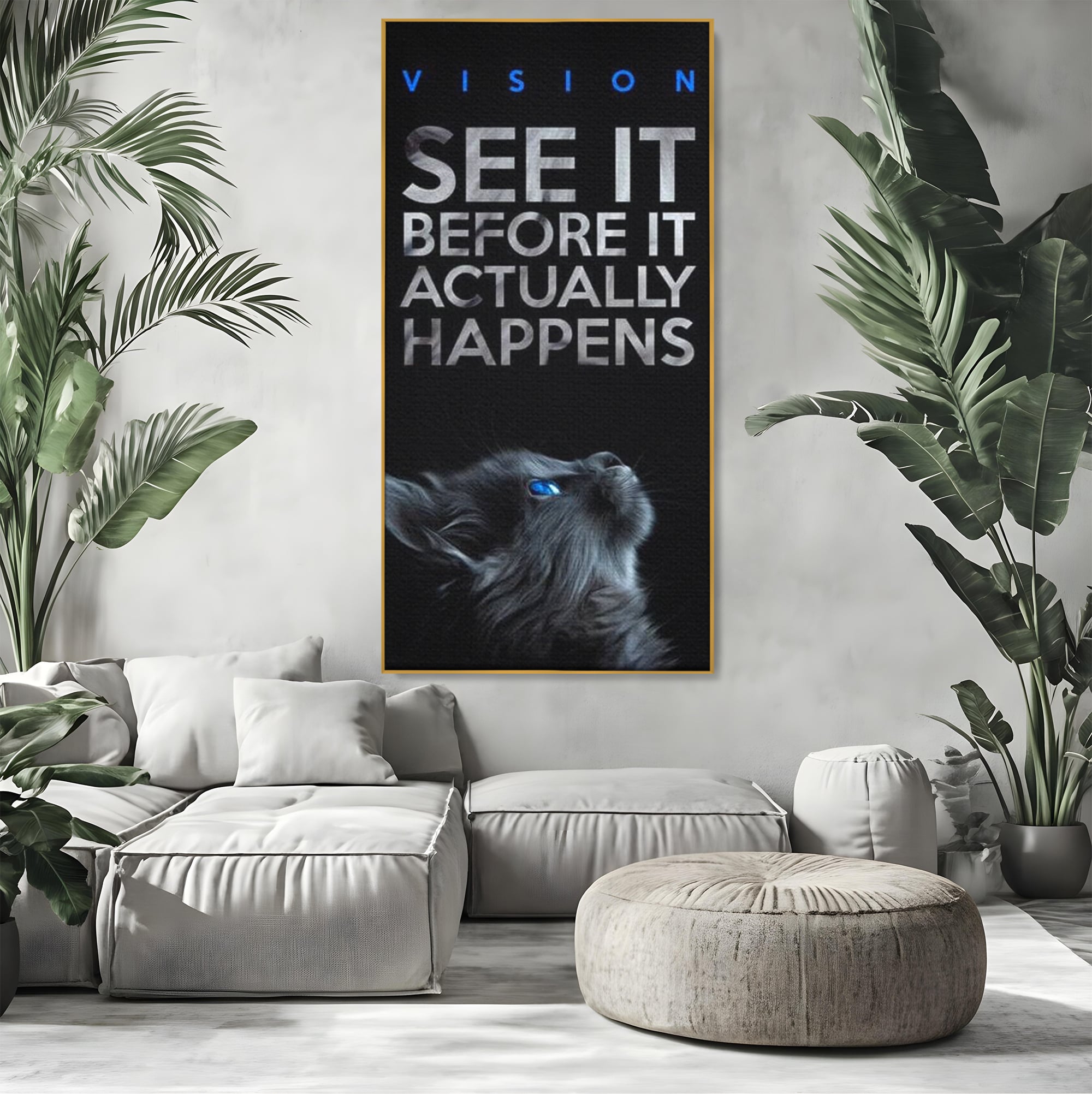 Tablou canvas cu tablou canvas cu pisica neagra si ochi albastri, in rama de aluminiu auriu, pe perete intr-un living